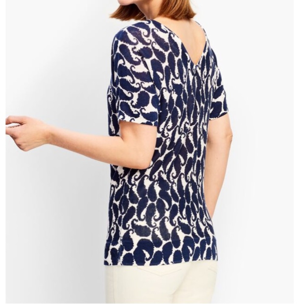 Talbots Shadow Paisley V-Back Short Sleeve Sweater Dolman Sleeve